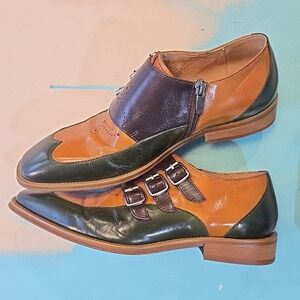 Steven Land Monk Strap Shoes Mens 7.5 Colorblock‎ Buckle Pointed Toe Brown Green